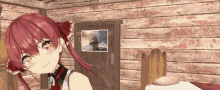 a girl with red hair is in a room with a picture of a ship on the wall