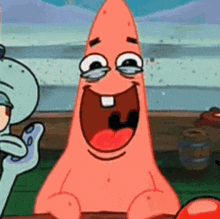patrick star from spongebob squarepants is smiling with tears in his eyes .
