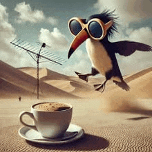 a bird wearing sunglasses is flying over a cup of coffee on a saucer .