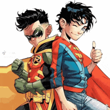 a drawing of robin and superman giving each other a thumbs up