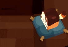 a cartoon cat is laying on a blue pillow with its mouth open