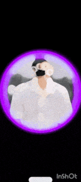 a man wearing a mask and goggles is surrounded by purple circles