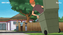 a cartoon of a man pushing a garbage can with the words hulu on the bottom