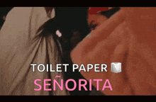 a woman laying on a bed with the words toilet paper senorita on the bottom