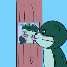 a cartoon otter is looking at a picture that says welcome to ott