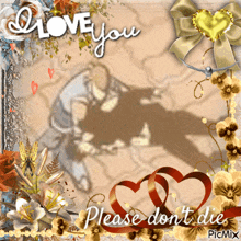 a picture frame with flowers and hearts and the words love you please do n't die