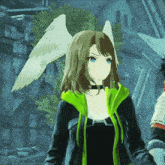 a girl with wings is wearing a black and green jacket with the word armour on it