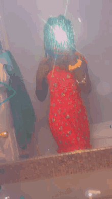 a woman in a red dress is taking a selfie in front of a mirror .