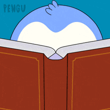 a cartoon of a penguin reading a book with pengu written in the corner