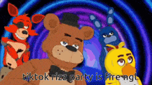 a group of five nights at freddy 's characters are standing next to each other in a cartoon .