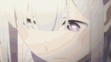 a close up of a girl with purple eyes and white hair