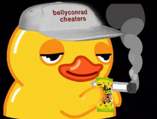 a duck wearing a hat that says bellyconrad cheaters is smoking a cigarette