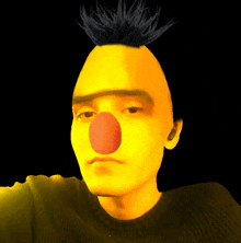a man with a yellow head and a red nose looks like ernie sesame street