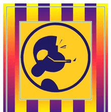 a yellow and purple striped background with a circle with a person 's face inside of it