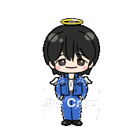 a cartoon of a boy with a halo on his head and the letter c on his pants