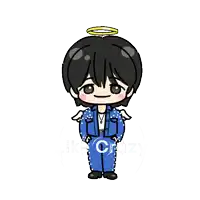 a cartoon of a boy with a halo on his head and the letter c on his pants