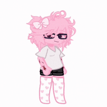 a girl with pink hair and glasses is wearing a white shirt and shorts