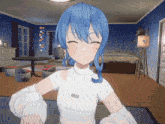 a girl with blue hair and a white shirt is smiling in a bedroom