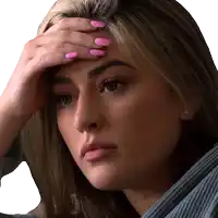 a woman with pink nails is holding her head