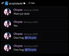 a screenshot of a conversation between chryszio and a friend