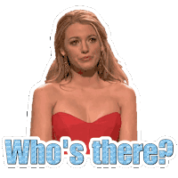 a woman in a red dress with the words who 's there behind her