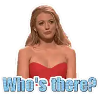 a woman in a red dress with the words who 's there behind her