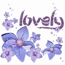 the word lovely is written on a white background with purple flowers