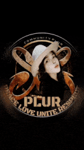 a picture of a woman in a hat with the words pur peace love unite respect on it