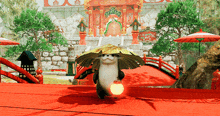an otter wearing a hat and carrying a lantern stands in front of a building