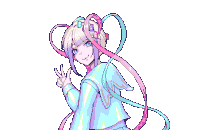 a pixel art of a girl with ribbons in her hair giving a peace sign
