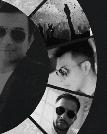 a black and white photo of a man wearing sunglasses and a crowd behind him