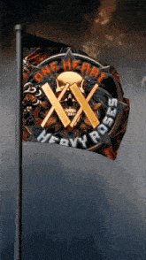a flag that says one heart heavy roses with a skull and crossed hammers