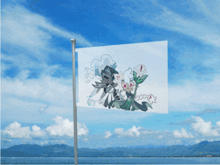 a flag with a couple of cartoon characters on it is flying in the wind