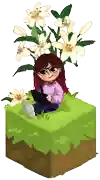 a pixel art of a girl sitting on a block with flowers