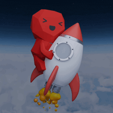 a red cartoon character is riding a rocket