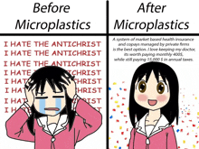 a cartoon of a girl crying and a cartoon of a girl smiling with the words before microplastics and after microplastics