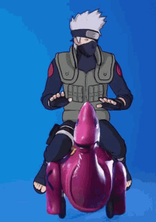 a man in a mask is riding on the back of a pink toy dinosaur .