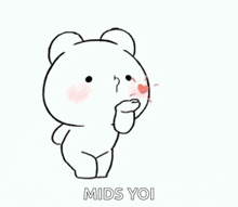 a drawing of a teddy bear blowing a kiss with the words `` mids yoi '' written below it .