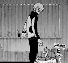 a black and white drawing of a man standing next to a dog in a room .