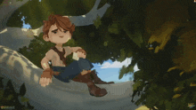 a cartoon of a boy hanging from a tree holding a piece of paper