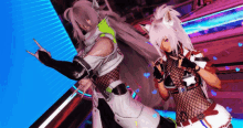a man and a woman are standing next to each other and the woman is wearing a fishnet top