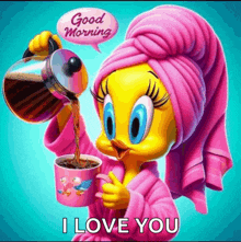 a tweety bird with a towel wrapped around her head pouring coffee into a cup