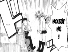 a black and white drawing of a man and a girl with the words " molest me "