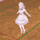 a girl in a white dress with a cross on the skirt is dancing on a court