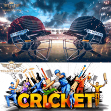 the word cricket is on a poster with cricket players and helmets