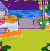 a computer screen shows a blender and a bowl of fruit on a table