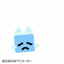 a cartoon drawing of a blue square with a sad face and triangles on its head