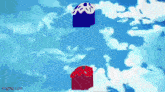 a blue and a red cube are floating in the sky ..