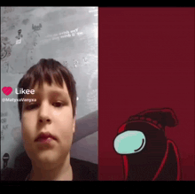 a boy 's face is next to a cartoon among us character and a likee button