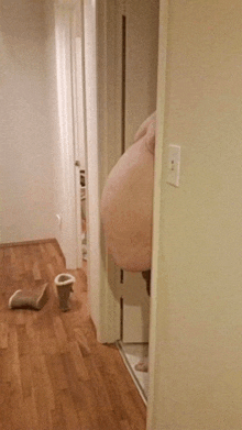 a person standing in a hallway with a very large belly